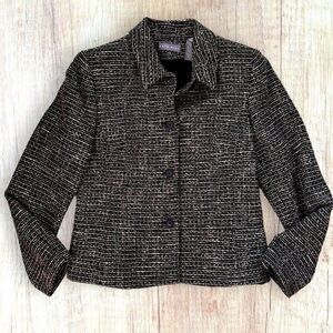 KATE HILL Tweed Black White Tan Boucle Button Front Blazer Jacket Blazer Jacket